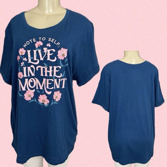 Torrid +2 Blue Floral Live In The Moment Graphic Crew Cotton Short Sleeve Tee - Picture 1 of 6
